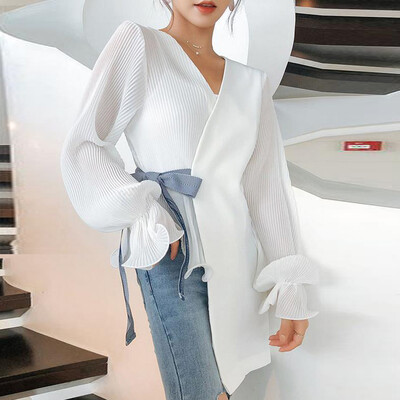 

Starmoon Women Elegant Pure Color V-neck Bow Irregular Long Sleeve Casual Blouse T-shirt