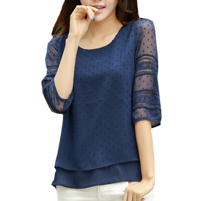 

Chiffon Blouse Round Neck Half Sleeve Hollow Out Lace Patchwork Chiffon Womens Shirt Plus Size  Casual Cozy Tops Female