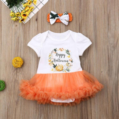 

Kid Baby Girl Halloween Pumpkin Tutu Romper Dress Party Costume Headband Sunsuit