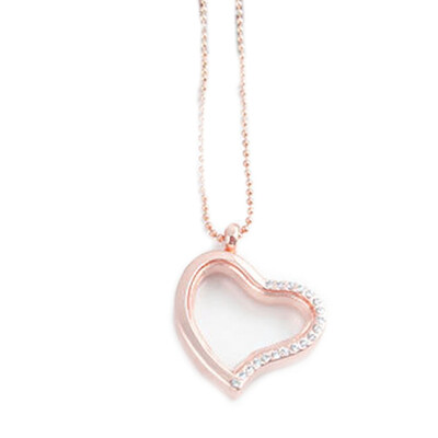 

Womens Girls Fashion Living Memory Floating Locket Love Heart Half Rhinestone Charm Pendant Necklace Gift