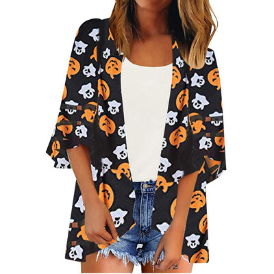 

Tailored Women Mesh Panel 34 Bell Sleeve Halloween Chiffon Casual Loose Kimono Cardigan