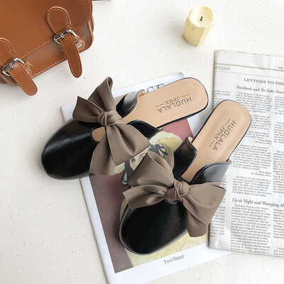 

Sandals women wear 2019 new spring&summer Joker Korean bow flat-bottomed square head half lazy Mueller shoes