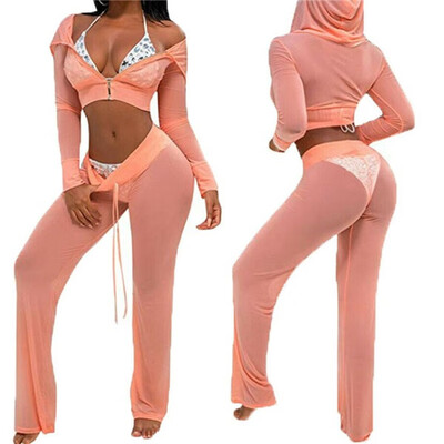 

Women Sheer Mesh Bikini Crop TopPants Cover Up Long Sleeve Swimwear Beach