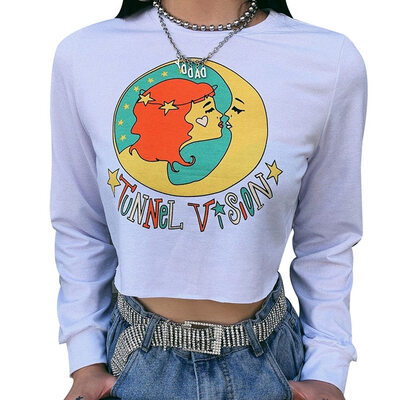 

AKlamater Womens Sexy Moon Girl Vintage Graphic Long Sleeve O-Neck Crop Tops Shirts Sweatshirts