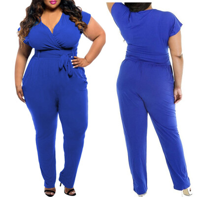 

Starmoon Womens Plus Size Sexy V-neck Short Sleeved Belt Pocket Straight Jumpsuit