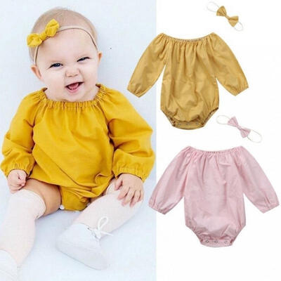 

Infant Baby Girls Long Sleeve Romper Bodysuit Jumpsuit Outfits Headband 2pcs Set