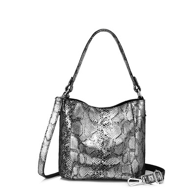 

REALER women handbag genuine leather shoulder crossbody bag small tote bucket bag ladies messenger bags with animal print Silver
