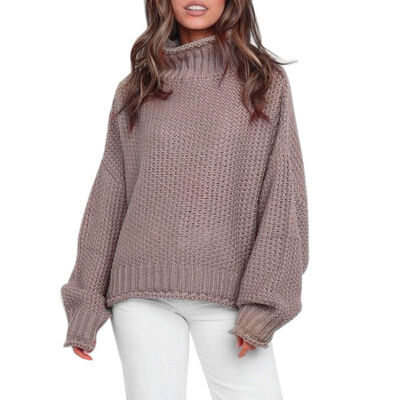 

Women Autumn Winter Simple Long Sleeve Cute Solid Color Casual Loose High Collar Sweet Sweater