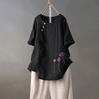 

Roseonmyhand Womens Cotton&Linen Plus Size Embroidery O-Neck Button Casual Blouse Tops