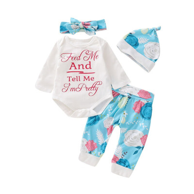 

Newborn Baby Girl Clothes Set 100 Cotton Long-sleeved RomperTrousersHatHeadband 4pcs Infant Clothes