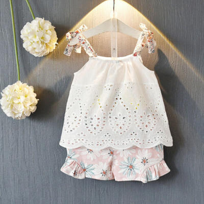 

2PCS Toddler Kids Baby Girl Summer Clothes Floral Sling Tops Shorts Pants Outfit