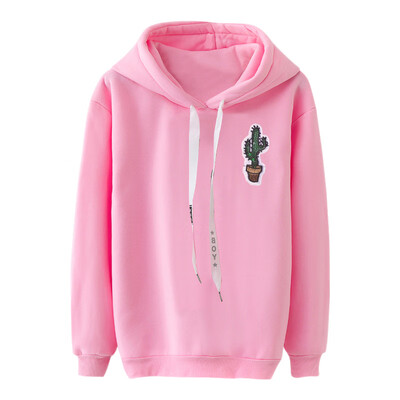 

Women 2019 Autumn Winter Velvet Cactus Embroidery Sweatshirts Cotton Warm Loose Plush Long Sleeved Wild Casual Hoodies Tops