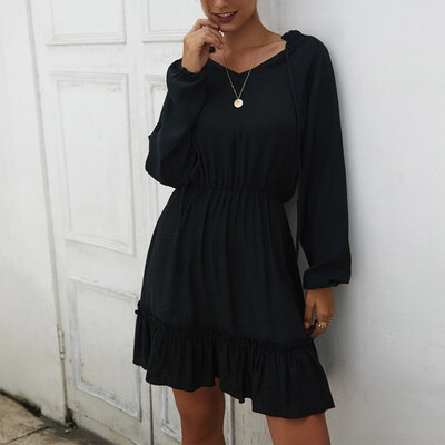

Women Autumn Solid Color Wild V Collar Sexy Temperament Long Sleeve Ruffle Slim Shirts Casual Dress