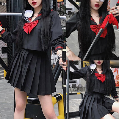 

Tailored Womens Solid Color Cosplay Shirt Bow Pleated Skirt Japanese Uniform Suit