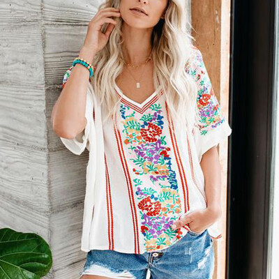 

Summer Womens Loose Print Blouse Casual V-neck Short Sleeve Boho Beach Tops