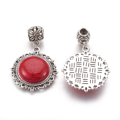 

Alloy European Dangle Beads Large Hole Pendants with Synthetic Turquoise Dyed Flat Round Crimson Antique Silver 48mm