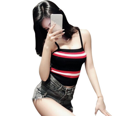 

Womens Spaghetti Strap Color Block Striped Knitted Camisole