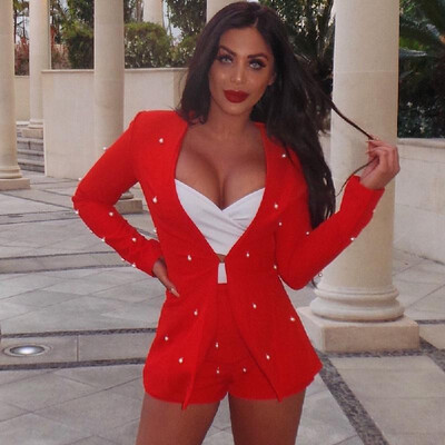 

Sexy Women Embellished Pearl Blazer Set Two Piece Outfits Long Sleeve OL Work Wear Short Overalls Tracksuits