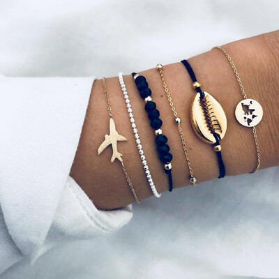 

6-PIECE Set Fashion Shell Plane Map Women  Bead Chain Trendy Bracelet Jewelry