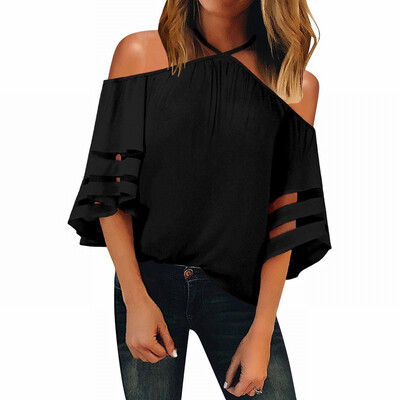 

Shirt Womens sense hanging neck trumpet cuff stitching mesh loose top