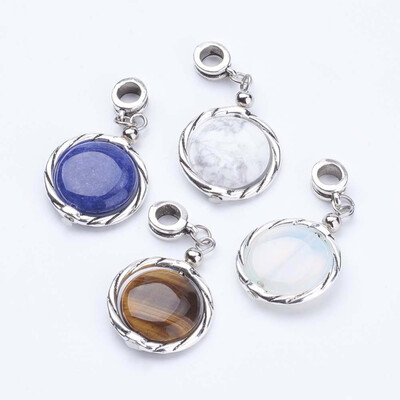 

Tibetan Style Alloy European Dangle Beads with Gemstone&Alloy Linking Rings Flat Round 42mm Hole 5mm
