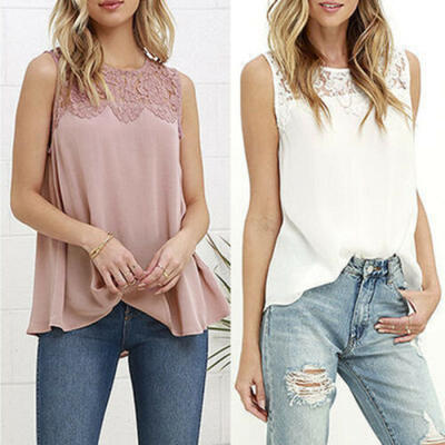 

Womens Sleeveless Lace Floral Vest T-Shirt Ladies Summer Tee Tank Tops Blouse US