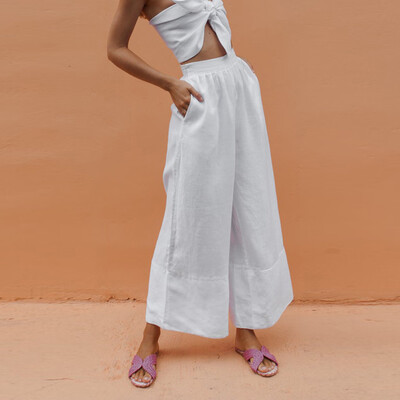 

Women Summer High Waist Loose Casual Cotton Linen Pockets Wide Leg Pants