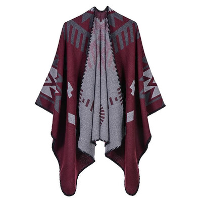 

Vintage Women Knitted Shawl Poncho Faux Cashmere Geometric Open Front Autumn Winter Warm Cape
