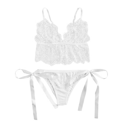 

Toponeto Fashoon Women Eyelash Floral Lace Tie Side White Lingerie Set Bandage Underwear