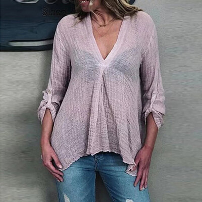 

Plus Size Women Loose V-neck Tops Solid Long Sleeve Shirt Blouse Casual Holiday