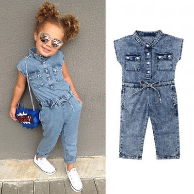 

Kids Baby Girl One Piece Denim Blue Romper Jumpsuit with Belt Bow Sleeveless Bow Denim with Pocket Children Clothes