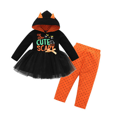 

Toddler Baby Girls Letter Tops Dress Hoodie Print Dot Pant Halloween Clothes Set