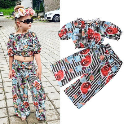 

Canis Girls Floral T-shirt TopsPants Striped 2PCS Outfits Kids Clothes Set 2-7T