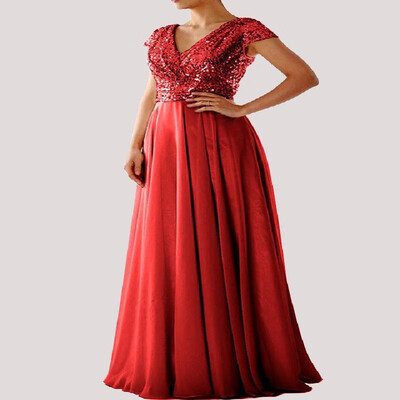 

V-neck Sequins Solid Full-length Chiffon Splice Bustier Evening Dress