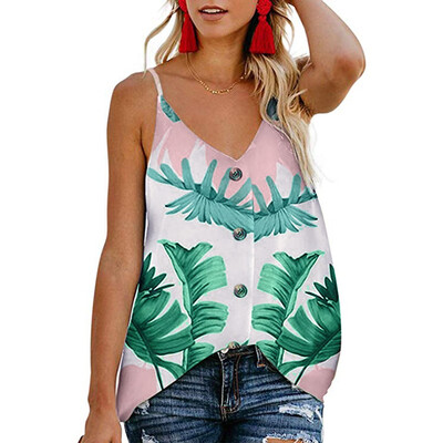 

Starmoon Womens Button Down V Neck Leaves Print Tank Top Loose Casual Sleeveless Shirts