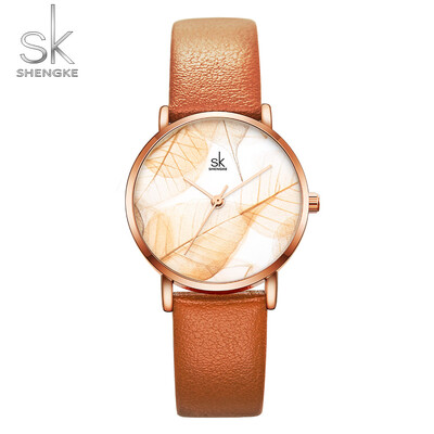 

Shengke New Women Watches Creative Leaves Dial Bright Leather Strap Quartz Clock Fashion Casual Ladies Wristwatches Montre Femme