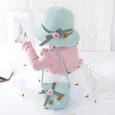 

Girls Straw Hat Striped Bowknot Flower Foldable Sweet Cute Sun Summer Floppy Kids Beach Vacation Cap