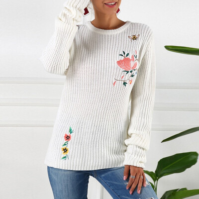 

Tailored Women O Neck Solid Long Sleeve Embroidery Knitted Sweaters Casual Blouse Tops