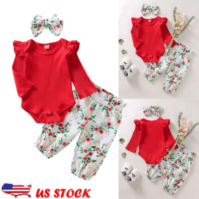 

3PCS Cute Newborn Baby Girl Outfits Clothes Tops RomperLong Pants Set US