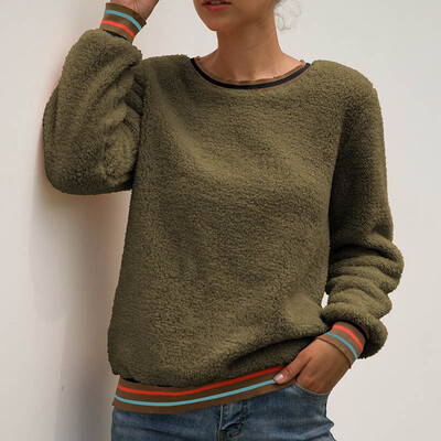 

Women Sweatshirt Stripe Stitching Wool Sweater Long Sleeve Round Neck