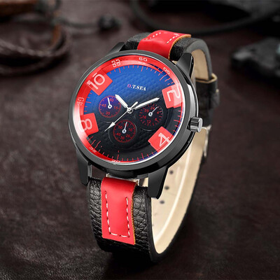 

Gobestart Fashion Casual Business Mens Alloy Three Eye Dial Leather Belt Quartz Watch