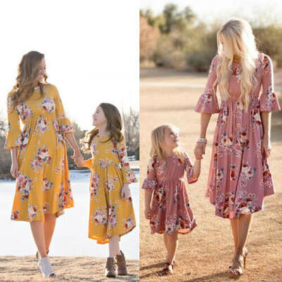 

Mother Daughter Family Matching Dress Mommy&Me Floral Maxi Dresses Outfits
