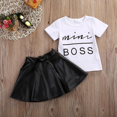 

Toddler Kids Girl Clothes Set Summer Short Sleeve Mini Boss T-shirt Leather Skirt 2PCS Outfit Child Suit