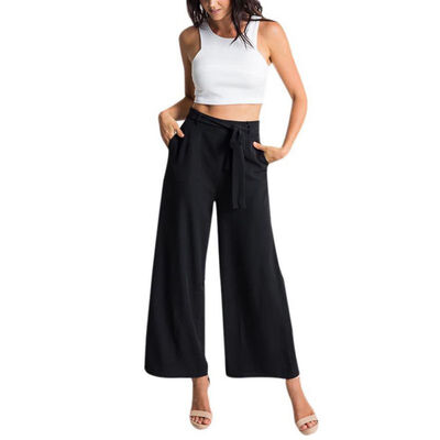 

Fashion Women Casual Wide Leg Pants Loose Mid Ankle-Length Jeans Sashes Women Slacks Trousers