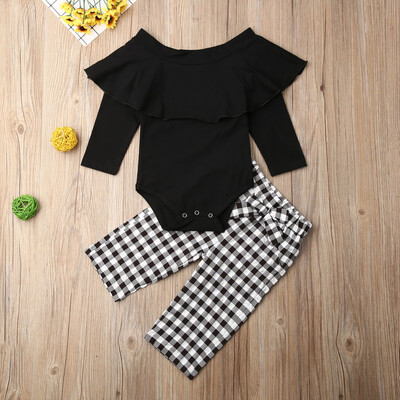 

2Pcs Newborn Kid Baby Girl Clothes Ruffle Romper Plaid Wide Pants Fall Outfit