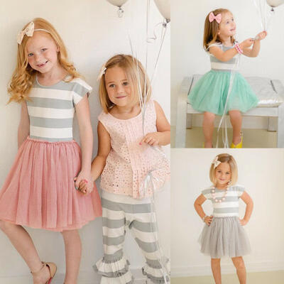 

Kids Baby Flower Girls Striped Lace Tulle Tutu Dress Princess Party Wedding Gown