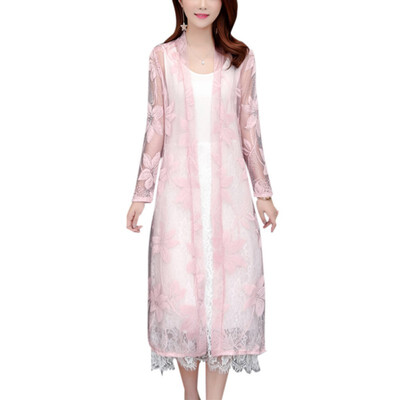 

blouse women Summer Solid Color Open Front Thin Chiffon Sun Protection Lace Openwork Tops Beach Cardigan