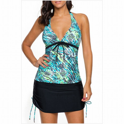 

Black&white stitching V-neck cross strap skirt with chest pad split swimsuit