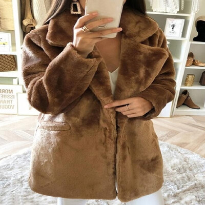 

Solid Wide Lapel Dual Pockets Long Sleeves Single Button Plush Coat