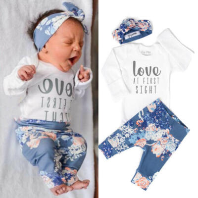 

Newborn Baby Girl Clothes Cotton Romper TopsFloral Long Pants 3PCS Outfits Set